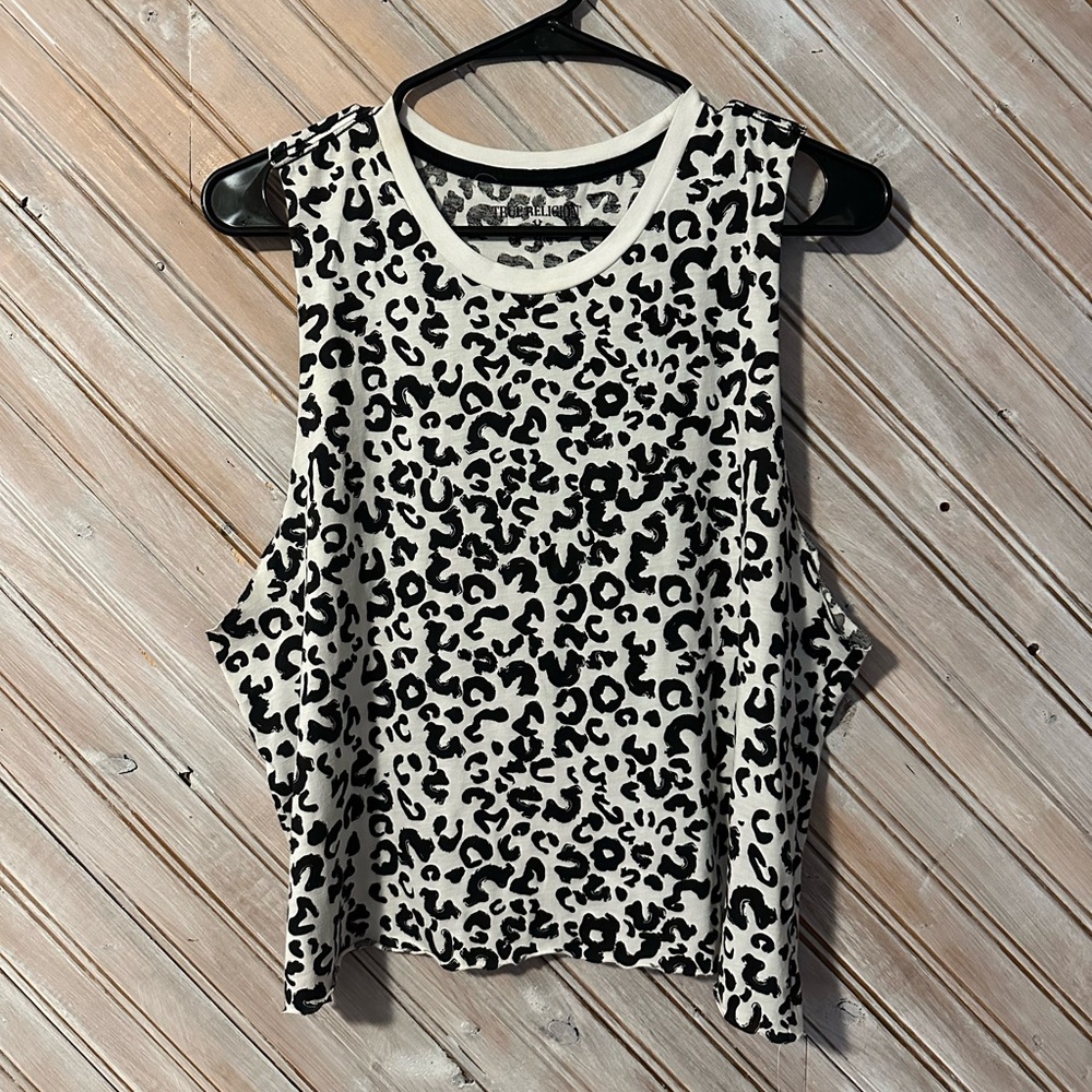 True Religion Black & White Animal Print Muscle Tank Top Crop Shirt